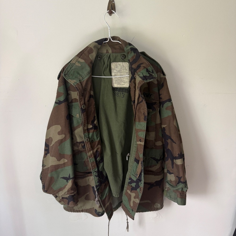 Vintage US Army M-65 Field Jacket Woodland Camo Military Issue 80s Large